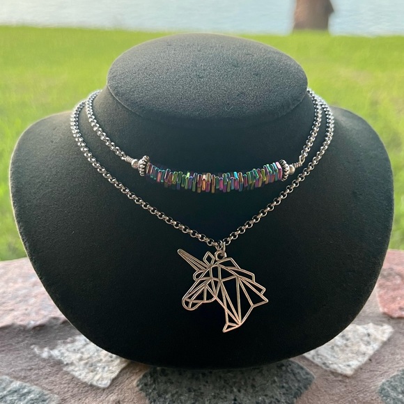 Double layer unicorn rainbow stones stainless steel adjustable choker necklace - Picture 11 of 13